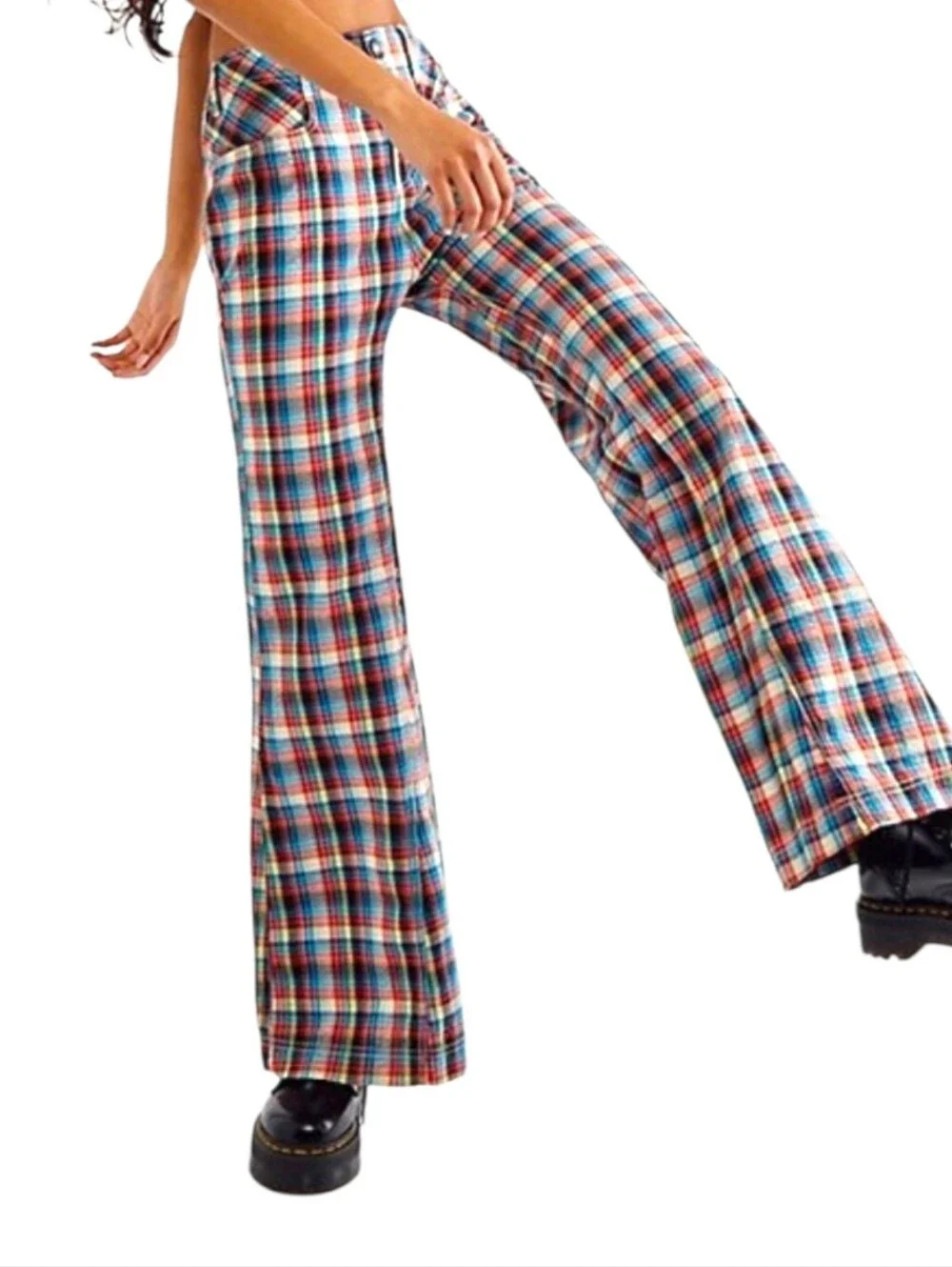 Free People Christina Low Rise Plaid Wide-Leg Pants in Multi-Color Size 6
